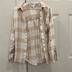 Plaid Button-Up Shirt in Beige and White
